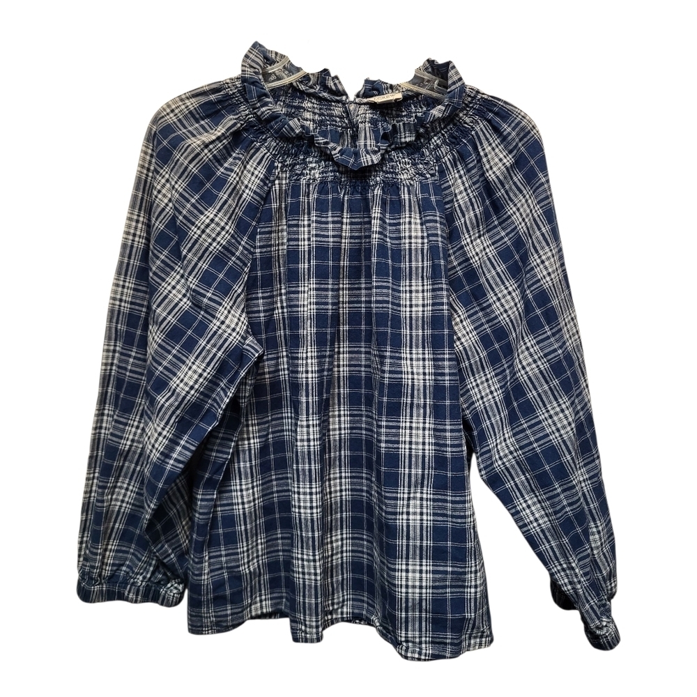 J. Crew Blue Plaid Smocked Ruffleneck Top - Size L